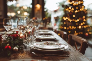Rustic Christmas table with traditional plates, glassware, evergreen garland, and festive ornaments in a cozy winter holiday atmosphere near a decorated tree
