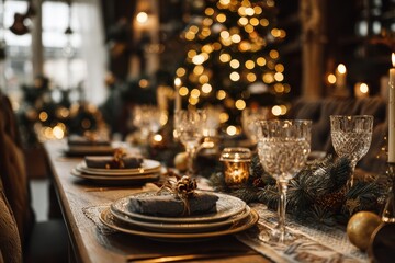 Elegant Christmas dining table with golden accents, crystal glasses, candles, and holiday greenery in a warm and luxurious festive setting near a glowing tree