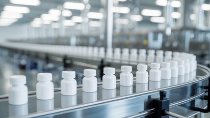 Sterile Pharmaceutical Production Line with Bottles on Conveyor. small white plastic medicine bottles moving in a precise line on a stainless steel conveyor belt. The background is a blurred