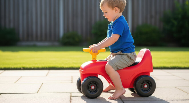Little boy on ride on toy car outdoors during daytime, enjoying childhood play. Ride on toy car offers exploration and active time for preschool kid.