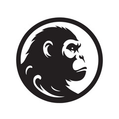 Stylized black and white ape head logo in a circle