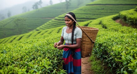Tamil woman in traditional clothing picking fresh tea leaves on a plantation in sri lanka