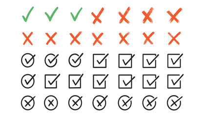 Vector Set of Check Marks and Cross Symbols in Hand Drawn and Outline Style