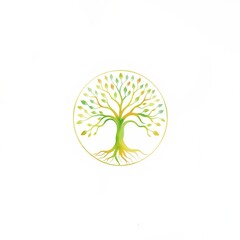 A vibrant tree illustration encircled within a golden ring, symbolizing nature and growth.