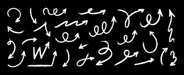 Squiggly arrow doodle set. Hand drawn vector line fun playful bounce icons, white jump thick motion design elements. Movement symbol on blackboard.