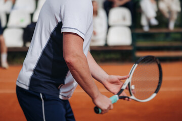 Tennis tournament championship on outdoor clay court with net, professional athletes play in motion...