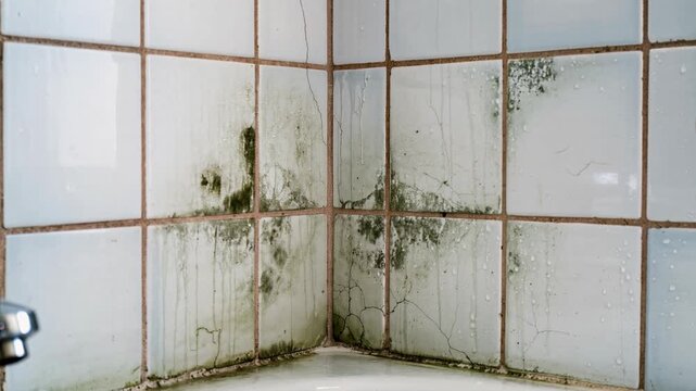 Mold in bathroom on tile corner with visible green stains and discoloration. Moldy area shows accumulation on grout lines and ceramic surfaces. Concept of bathroom maintenance and cleaning challenges.