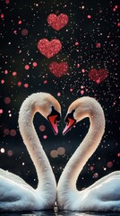 Naklejka premium Two Swans Form a Heart Shape With Their Necks in a Romantic Setting Filled With Hearts and Sparkles
