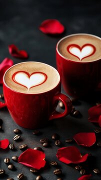 Warm Coffee Cups With Heart Patterns Surrounded by Rose Petals and Coffee Beans