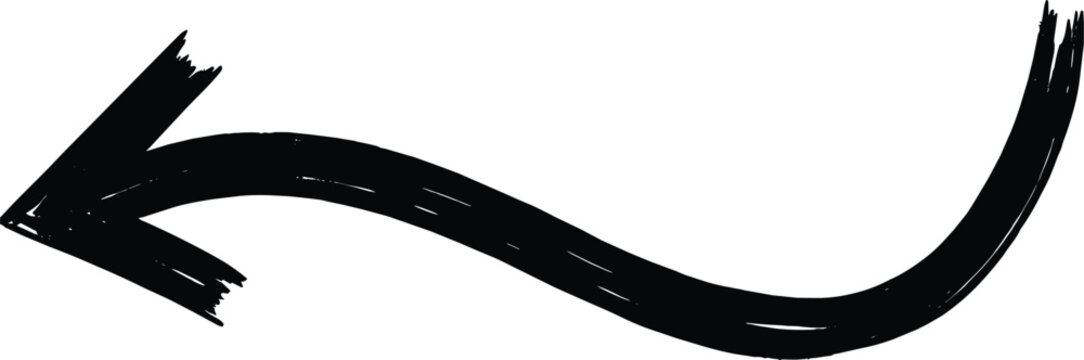 Hand-drawn black wavy arrow pointing left, isolated on a white background. Sketchy doodle symbol for direction and navigation