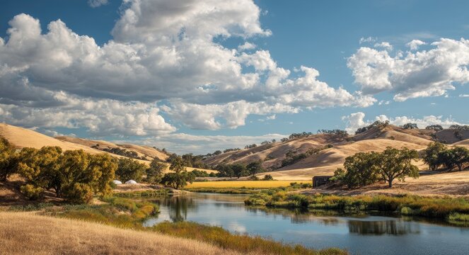 Paso Robles: Scenic Landscape of Nature with Lush Fields, Clear Sky, and Tranquil Waters in Summer