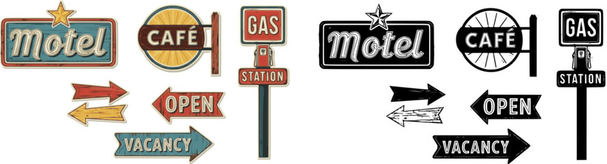 Obraz premium Classic American Signboards – Retro Vintage Style Vector Set with Old-School Typography, Roadside Signs, Cafe, Motel, and Gas Station Designs 