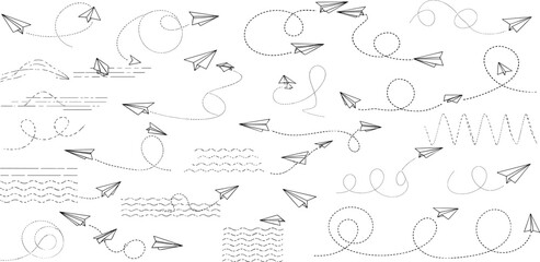 Playful hand-drawn paper airplanes set, featuring various flight paths with dotted lines, waves, and swirls, ideal for conveying communication, travel, and creative freedom concepts