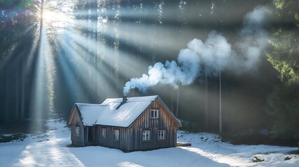 Wooden cabin in snowy forest with sunbeams and smoke from chimney winter