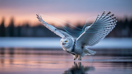 Obraz premium Majestic snowy owl with abstract blue lines in flight over icy water at sunset bird flying
