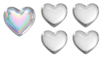 Iridescent and clear heart shaped gems isolated on transparent background