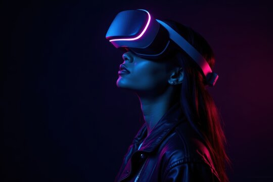 Side shot of young woman with virtual reality VR glasses in leather jacket against black background with red and blue neon lighting. Cyberpunk style