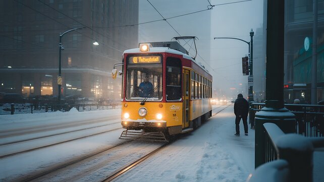 Yellow and red tram moving on snowy tracks in a city street at dusk streetcar public transport - Powered by Adobe