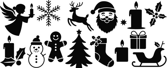 PrintChristmas silhouette icons, festive holiday symbols, black vector set, snowman gingerbread, holly, angel, winter decoration, seasonal clipart, celebration elements, Xmas graphic, December design