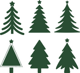 PrintChristmas tree illustrations, festive green icons, holiday decoration design, stylized pine graphics, seasonal vector art, star-topped trees, winter celebration elements