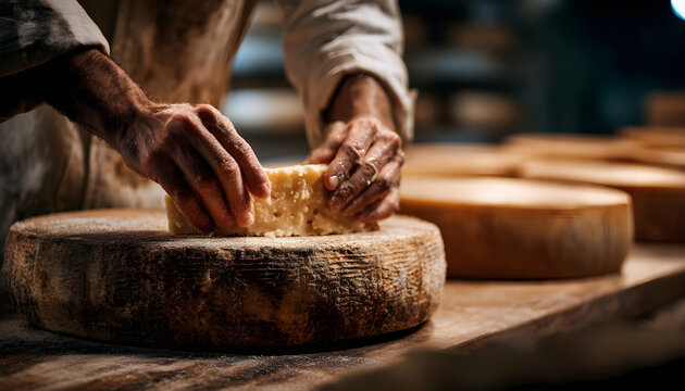 Slow motion close up of a cheesemaker is controlling the seasoning of Parmesan cheese, which was maturing by ancient Italian tradition for many months.