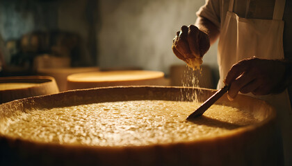 Slow motion close up of a cheesemaker is controlling the seasoning of Parmesan cheese, which was maturing by ancient Italian tradition for many months.