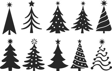PrintStylized Christmas tree silhouettes, black festive icons, holiday pine shapes, vector decorations, star-topped trees, winter graphic elements, ornamented tree designs