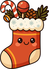 Fototapeta premium Cute kawaii-style Christmas stocking filled with treats and decorations, perfect for holiday-themed designs.