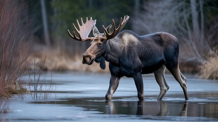 Fototapeta premium Majestic bull moose with large antlers walking through shallow icy water in a forest setting animal wildlife