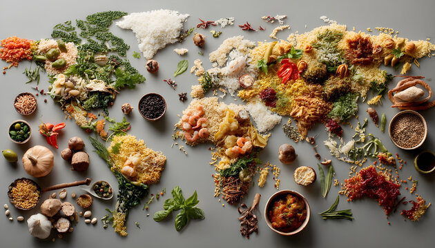 A world map filled with a variety of global foods arranged to symbolize cultural diversity in international cuisine