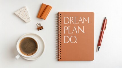 Minimalist flat lay workspace coffee cup notebook and pen for planning and productivity