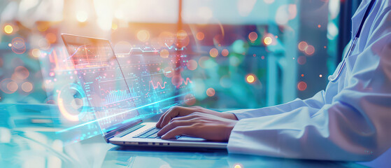 Doctor using laptop with holographic medical data and charts visualization. Concept of healthcare technology, innovation, diagnostics, and data analysis.