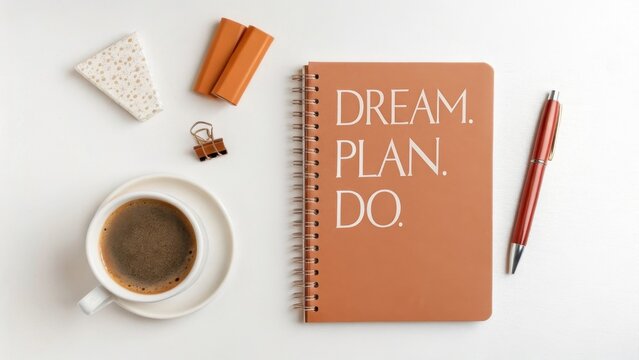 Minimalist flat lay workspace coffee cup notebook and pen for planning and productivity - Powered by Adobe