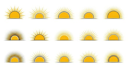 Collection of sunburst icons with yellow rays isolated on transparent background