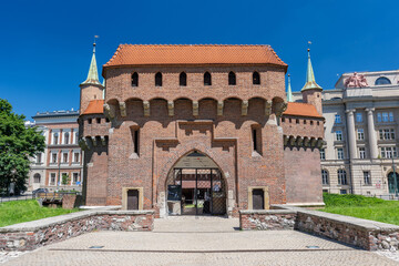 Fototapeta premium Cracow barbican (Barbakan) famous medieval fortification at city walls, Cracow, Poland.
