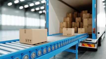 Logistics Conveyor Belt Loading Boxes into a Delivery Truck. clean loading dock. A blue conveyor belt with metal rollers is carrying cardboard boxes towards the open back of a delivery truck.