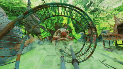 大きなピエロのオブジェがある遊園地　