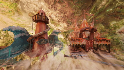 大きなピエロのオブジェがある遊園地　