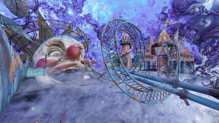 大きなピエロのオブジェがある遊園地　