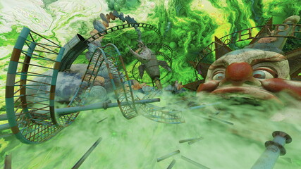 大きなピエロのオブジェがある遊園地　