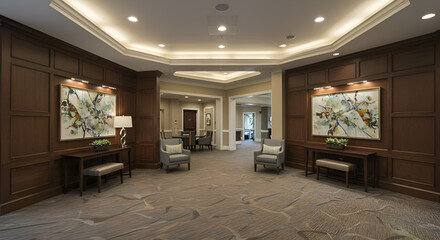 A beautifully designed, upscale interior common area showcasing rich wooden walls, abstract art, plush seating, and warm, inviting overhead illumination.