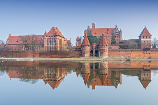 View of Malbork Castle (Zamek w Malborku) from other side of Nogat river, Poland.