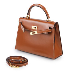 High-quality product photo of a luxury brown leather handbag with golden hardware and structured silhouette. Perfect image for fashion, retail, and product marketing concepts.