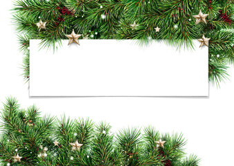 Decorative green twigs of Chrismas tree and silver garlands with empty space for text isolated on white or transparent background
