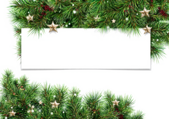 Decorative green twigs of Chrismas tree and silver garlands with empty space for text isolated on white or transparent background
