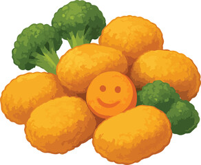 Pile of golden chicken nuggets with broccoli and smiley face