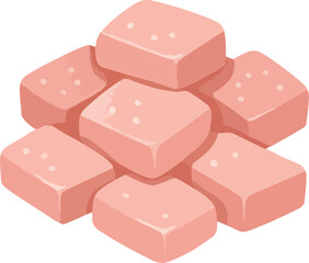 Pile of pink meat cubes with white dots food
