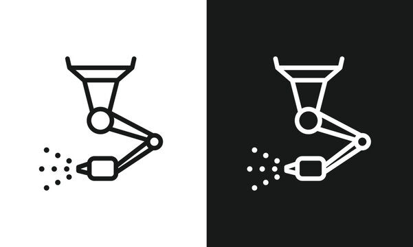Robotic Arm Sprayer Line Art Icon, Automated Industrial Spray Nozzle Symbol, Minimalist Vector Graphic for Manufacturing, Painting, and Coating Technology, Black and White Versions.