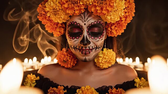 a woman in Catrina sugar skull makeup, eyes closed, crowned with marigolds and floral earrings, encircled by rows of candles on an ofrenda, honoring ancestors in a quiet candlelit vigil 