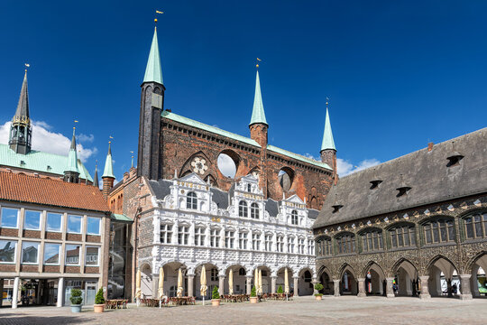 Facade of the Lubeck Town Hall on Market Square in the old town of Lubeck, Germany.